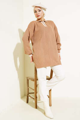 Gömlek Yaka Fitilli Düğmeli Triko Tunik Büsküvi - Triko Tunik