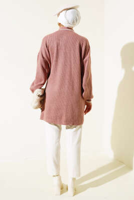 Gömlek Yaka Fitilli Düğmeli Triko Tunik Gül Kurusu - Triko Tunik