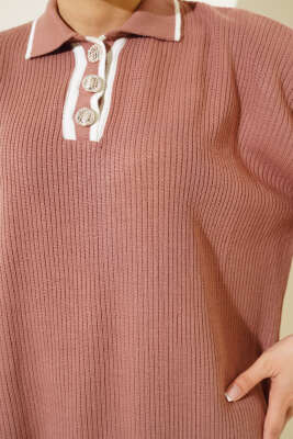 Gömlek Yaka Fitilli Düğmeli Triko Tunik Gül Kurusu - Triko Tunik