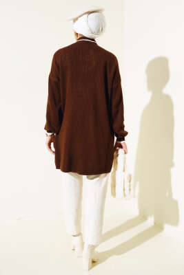 Gömlek Yaka Fitilli Düğmeli Triko Tunik Kahve - Triko Tunik