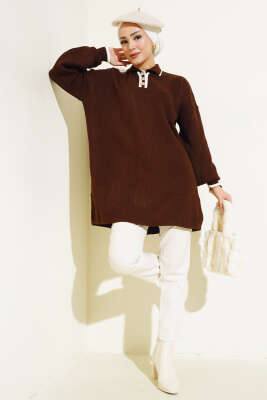 Gömlek Yaka Fitilli Düğmeli Triko Tunik Kahve - Triko Tunik