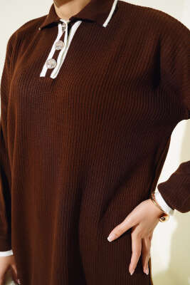 Gömlek Yaka Fitilli Düğmeli Triko Tunik Kahve - Triko Tunik