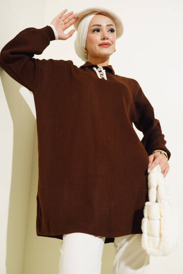 Gömlek Yaka Fitilli Düğmeli Triko Tunik Kahve - Tunik