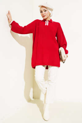 Gömlek Yaka Fitilli Düğmeli Triko Tunik Kırmızı - Triko Tunik