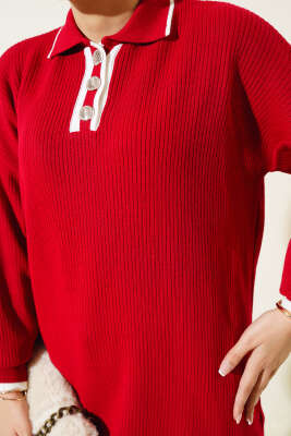 Gömlek Yaka Fitilli Düğmeli Triko Tunik Kırmızı - Triko Tunik