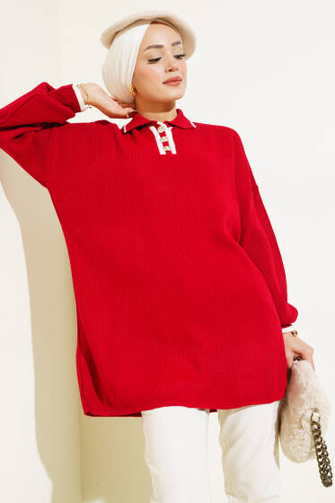 Gömlek Yaka Fitilli Düğmeli Triko Tunik Kırmızı - Tunik