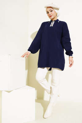 Gömlek Yaka Fitilli Düğmeli Triko Tunik Lacivert - Triko Tunik