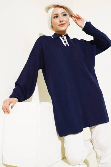 Gömlek Yaka Fitilli Düğmeli Triko Tunik Lacivert - Tunik