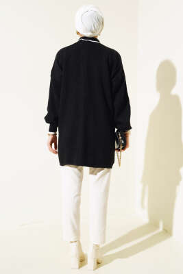 Gömlek Yaka Fitilli Düğmeli Triko Tunik Siyah - Triko Tunik