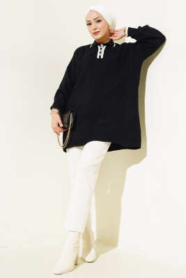 Gömlek Yaka Fitilli Düğmeli Triko Tunik Siyah - Triko Tunik