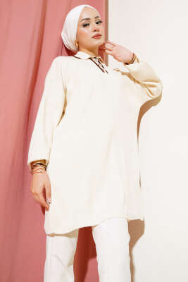 Gömlek Yaka Fitilli Düğmeli Triko Tunik Taş 