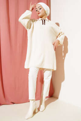 Gömlek Yaka Fitilli Düğmeli Triko Tunik Taş - Triko Tunik