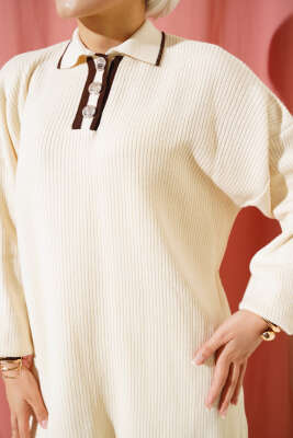 Gömlek Yaka Fitilli Düğmeli Triko Tunik Taş - Triko Tunik