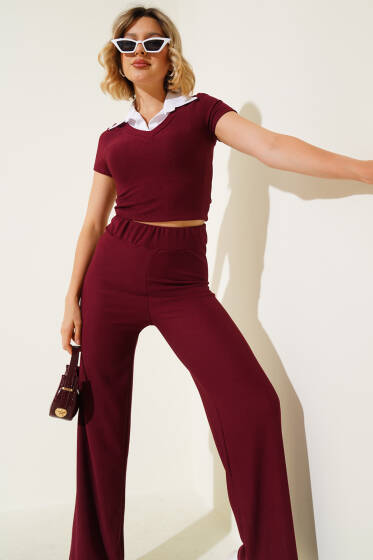 Gömlek Yaka Fitilli İkili Takım Bordo - Kadın Giyim Modelleri