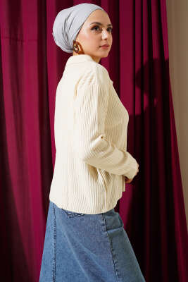 Gömlek Yaka Fitilli Kısa Triko Hırka Bej - Triko Hırka