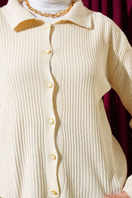 Gömlek Yaka Fitilli Kısa Triko Hırka Bej - Triko Hırka