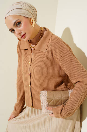 Gömlek Yaka Fitilli Kısa Triko Hırka Büsküvi - Hırka