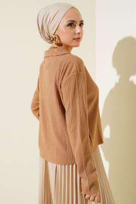 Gömlek Yaka Fitilli Kısa Triko Hırka Büsküvi - Triko Hırka