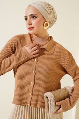 Gömlek Yaka Fitilli Kısa Triko Hırka Büsküvi - Triko Hırka