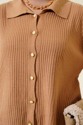 Gömlek Yaka Fitilli Kısa Triko Hırka Büsküvi - Triko Hırka