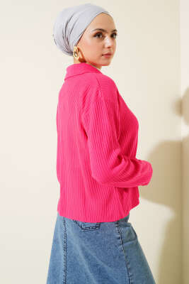 Gömlek Yaka Fitilli Kısa Triko Hırka Fuşya - Triko Hırka