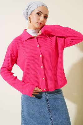 Gömlek Yaka Fitilli Kısa Triko Hırka Fuşya - Triko Hırka