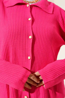 Gömlek Yaka Fitilli Kısa Triko Hırka Fuşya - Triko Hırka