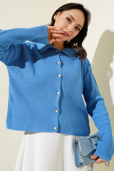 Gömlek Yaka Fitilli Kısa Triko Hırka İndigo - Hırka