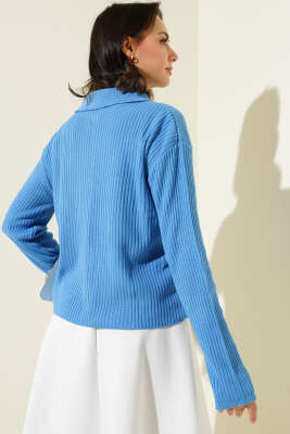 Gömlek Yaka Fitilli Kısa Triko Hırka İndigo - Triko Hırka