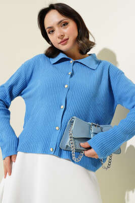 Gömlek Yaka Fitilli Kısa Triko Hırka İndigo - Triko Hırka