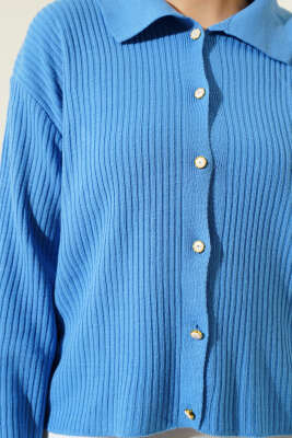 Gömlek Yaka Fitilli Kısa Triko Hırka İndigo - Triko Hırka