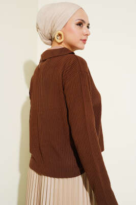 Gömlek Yaka Fitilli Kısa Triko Hırka Kahve - Triko Hırka