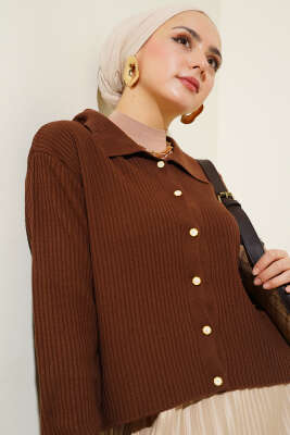 Gömlek Yaka Fitilli Kısa Triko Hırka Kahve - Triko Hırka