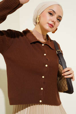 Gömlek Yaka Fitilli Kısa Triko Hırka Kahve 
