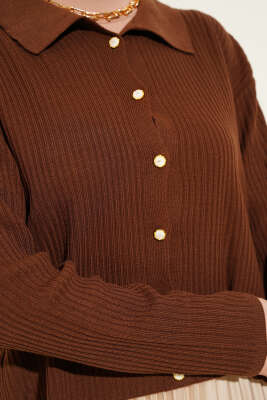 Gömlek Yaka Fitilli Kısa Triko Hırka Kahve - Triko Hırka