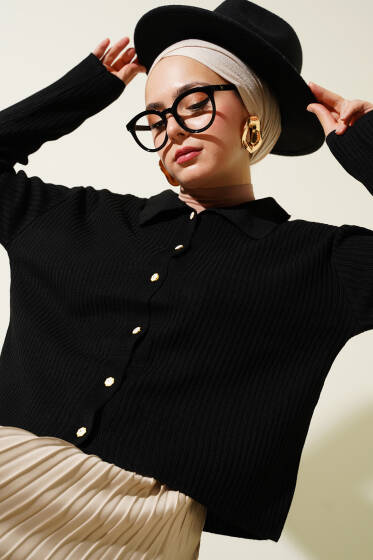 Gömlek Yaka Fitilli Kısa Triko Hırka Siyah - Hırka