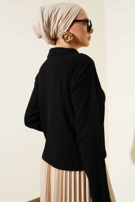 Gömlek Yaka Fitilli Kısa Triko Hırka Siyah - Triko Hırka