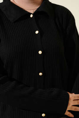 Gömlek Yaka Fitilli Kısa Triko Hırka Siyah - Triko Hırka