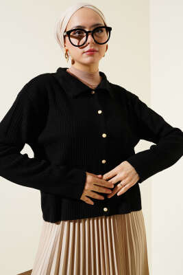 Gömlek Yaka Fitilli Kısa Triko Hırka Siyah - Triko Hırka