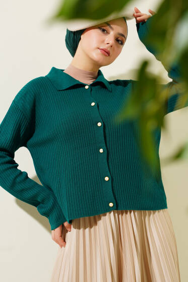 Gömlek Yaka Fitilli Kısa Triko Hırka Zümrüt - Hırka