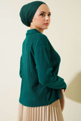 Gömlek Yaka Fitilli Kısa Triko Hırka Zümrüt - Triko Hırka