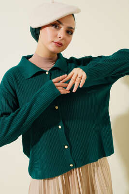 Gömlek Yaka Fitilli Kısa Triko Hırka Zümrüt - Triko Hırka