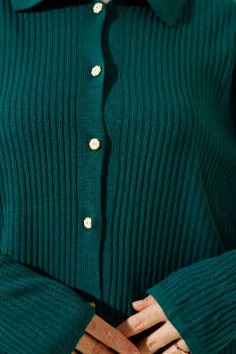 Gömlek Yaka Fitilli Kısa Triko Hırka Zümrüt - Triko Hırka