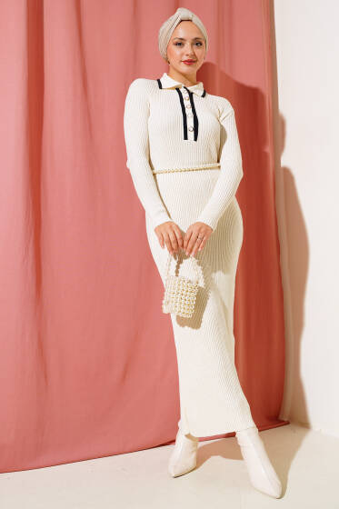 Gömlek Yaka Fitilli Triko Elbise Ekru - Elbise