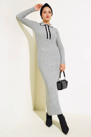 Gömlek Yaka Fitilli Triko Elbise Gri - Elbise