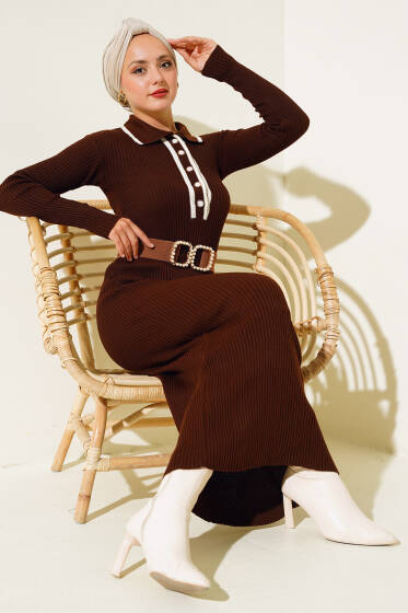 Gömlek Yaka Fitilli Triko Elbise Kahve - Elbise