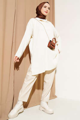 Gömlek Yaka Fitilli Triko Tunik Ekru - Triko Tunik