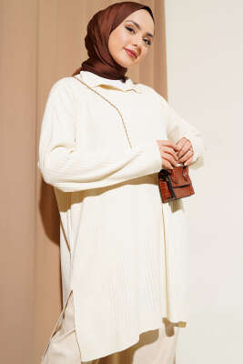 Gömlek Yaka Fitilli Triko Tunik Ekru