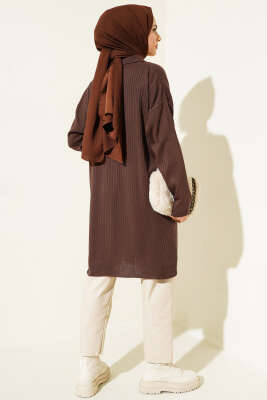 Gömlek Yaka Fitilli Triko Tunik Kahve - Triko Tunik