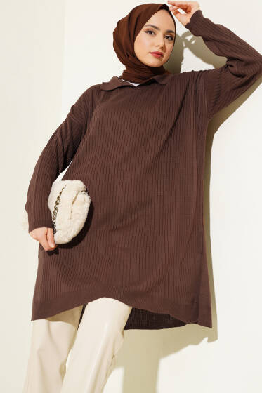 Gömlek Yaka Fitilli Triko Tunik Kahve - Tunik